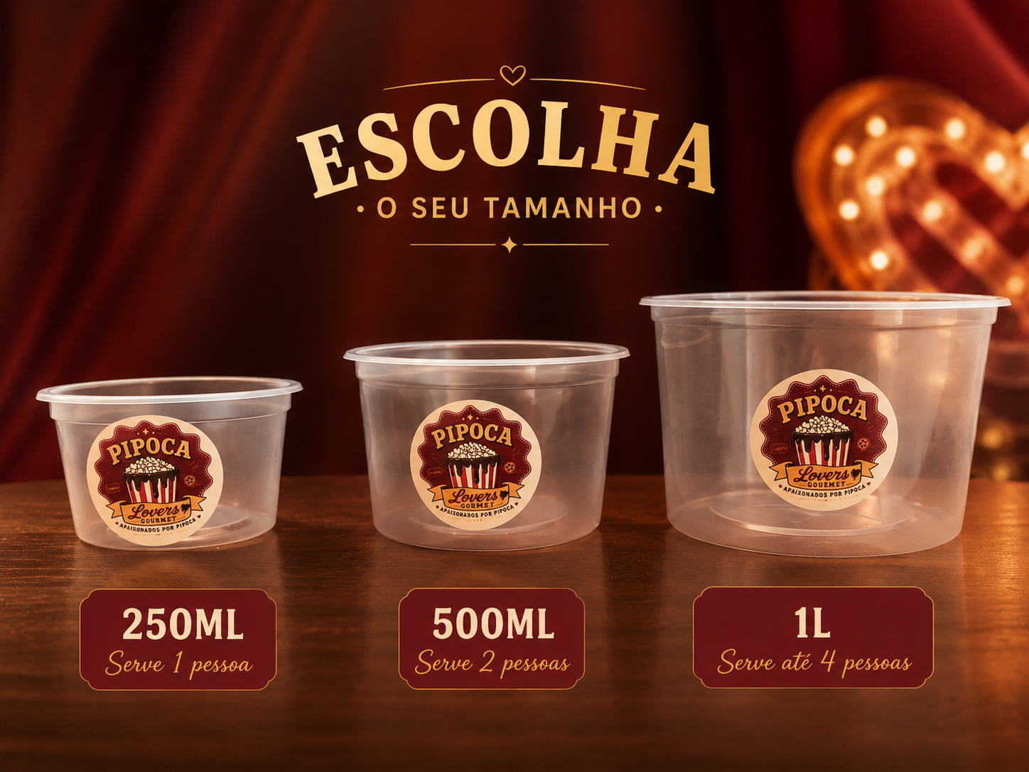 Tamanhos de balde: 250ml, 500ml e 1L